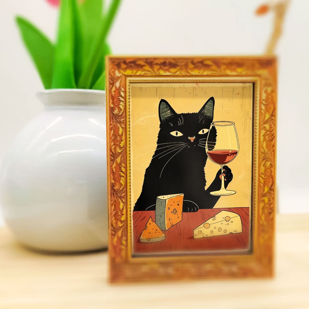 Wine Beer Cooler - 1つのエレガントな黒猫の冷蔵庫用マグネット、木製ミニ壁掛け、猫のワインテイスティングデザイン、楽しい木製マグネット、クリエイティブな家の装飾品