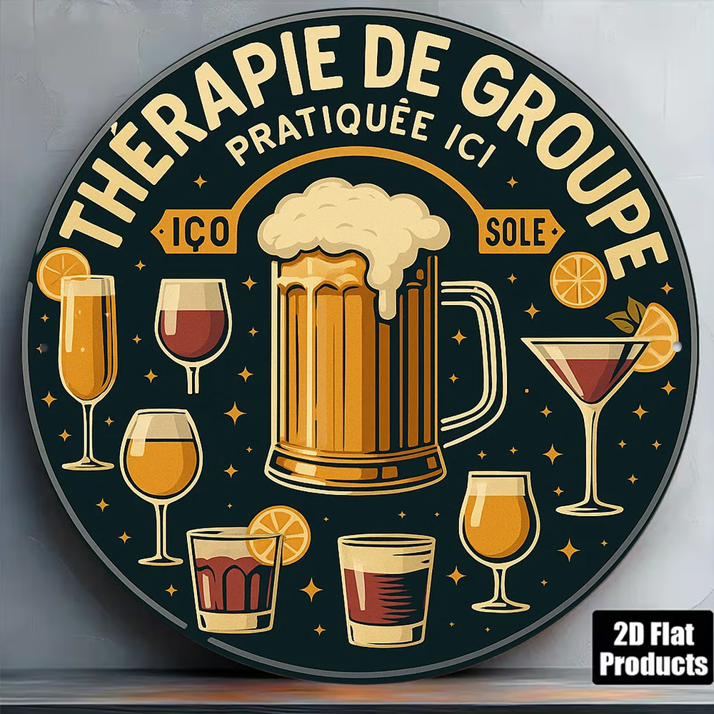 Beer And Wine Quote - 2Dフラットラウンドヴィンテージメタルティンサインフランス語の引用句ワインビールカクテルグラフィックウォールプレート、バー、カフェ、パブ、家の壁の装飾に