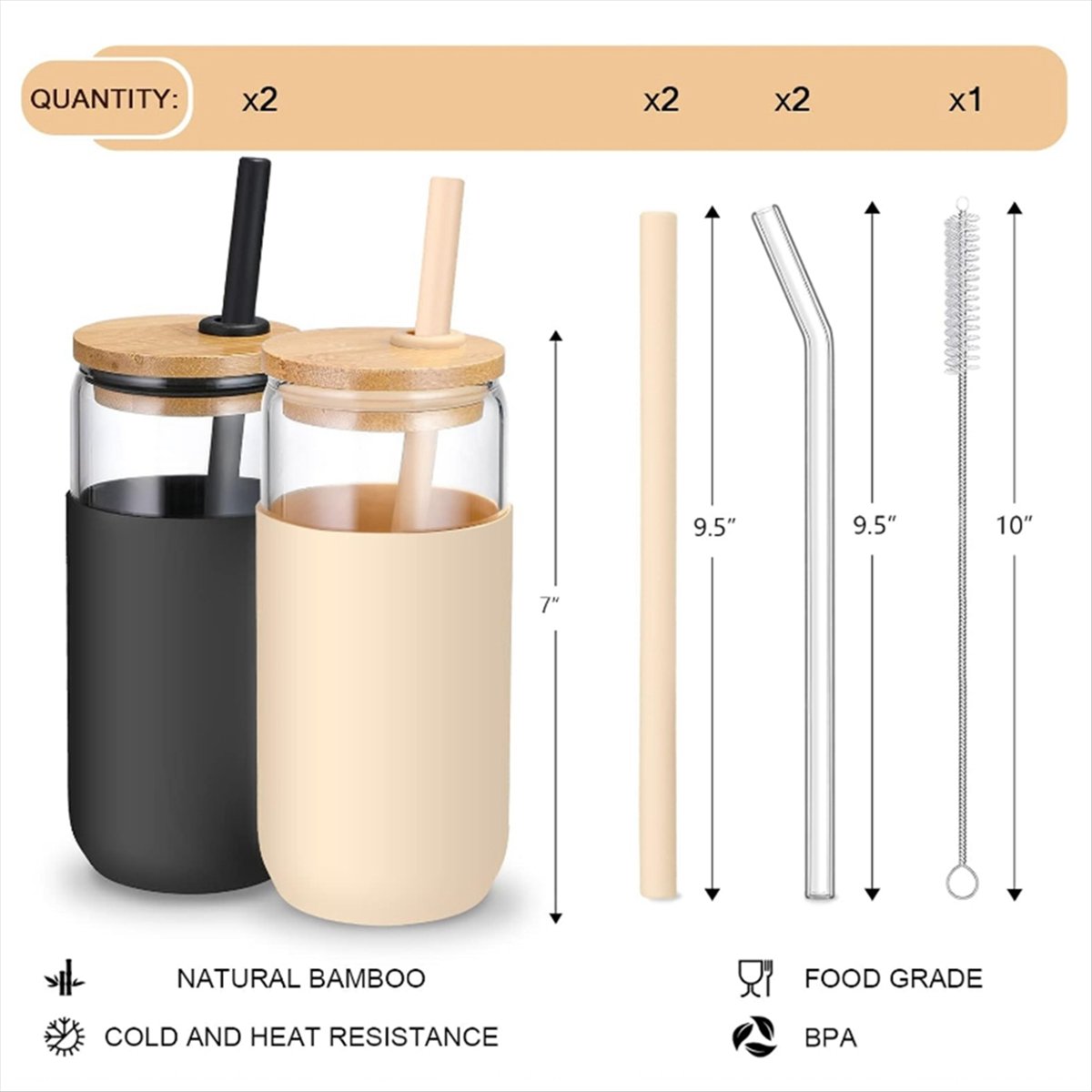 2色 20オンス ガラスカップ 竹製蓋とストロー付き - ビ - Beer & Wine Grab のレビューと価格